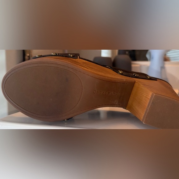 Lucky Brand Black Leather Summer Boho Retro Mules Tan Wooden Heel 9.5 - Picture 7 of 9